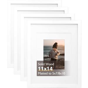 KINLINK 11x14 Picture Frame White, Solid Wood Frames with Acrylic Plexiglass for Pictures 5x7/8x10 with Mat or 11x14 without Mat, Tabletop and Wall Display, Set of 4