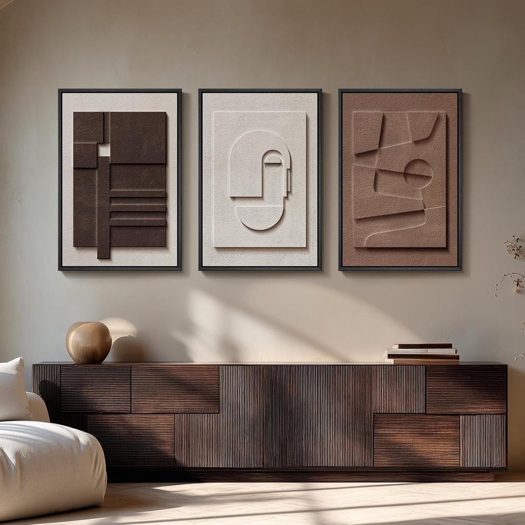 Large 3D Textured Framed Neutral Abstract Wall Art, 3 Piece Modern Artwork for Walls, Minimalist White Brown Geometric Wall Paintings for Living Room, Dining Room, Lounge, Bedroom Wall Decor 20x30 In, 20"w X 30"h X 3pcs