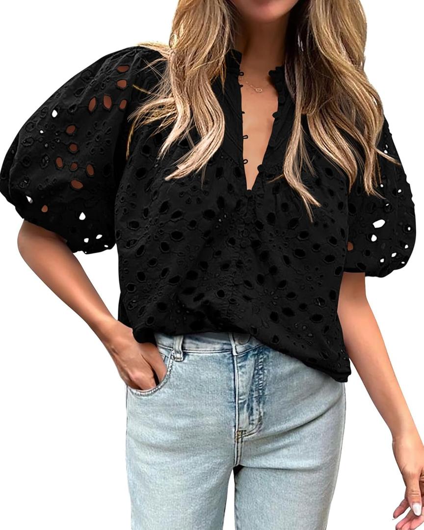 BTFBM Womens Blouses Summer Hollow Out Eyelet Embroidery Tops V Neck Buttons Puff Sleeve Boho Shirts Spring Fashion 2026 (Black, XL)