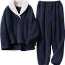 Arssm Mens Fluffy Pajamas Set 2 Piece Fleece Pjs Loose Plush Winter Warm Cozy Loungewear Sleepwear (Small, Darkblue)