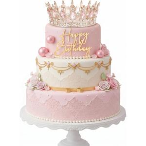 8 Pcs Pink Queen Crown Cake Topper for Women, Happy Birthday Cake Toppers Foam Balls Rhinestone Crystal Tiara Wedding Decoration for Princess Party Photo Props