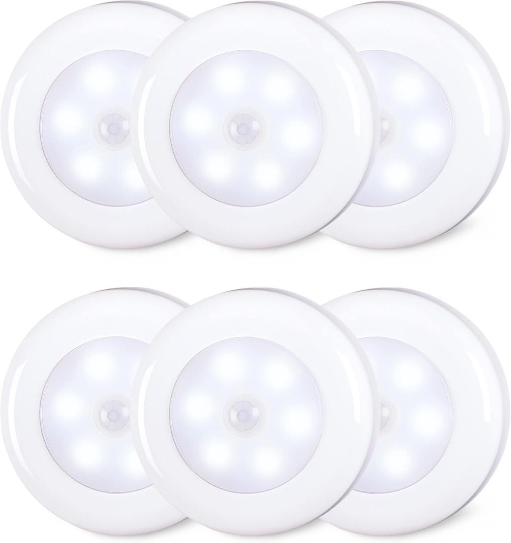 STAR-SPANGLED 6 Pack 2.8 Motion Sensor Lights Indoor AAA Battery Operated, Stick on LED Puck Light for Stairs, Under Cabinet, Closet, Cool White