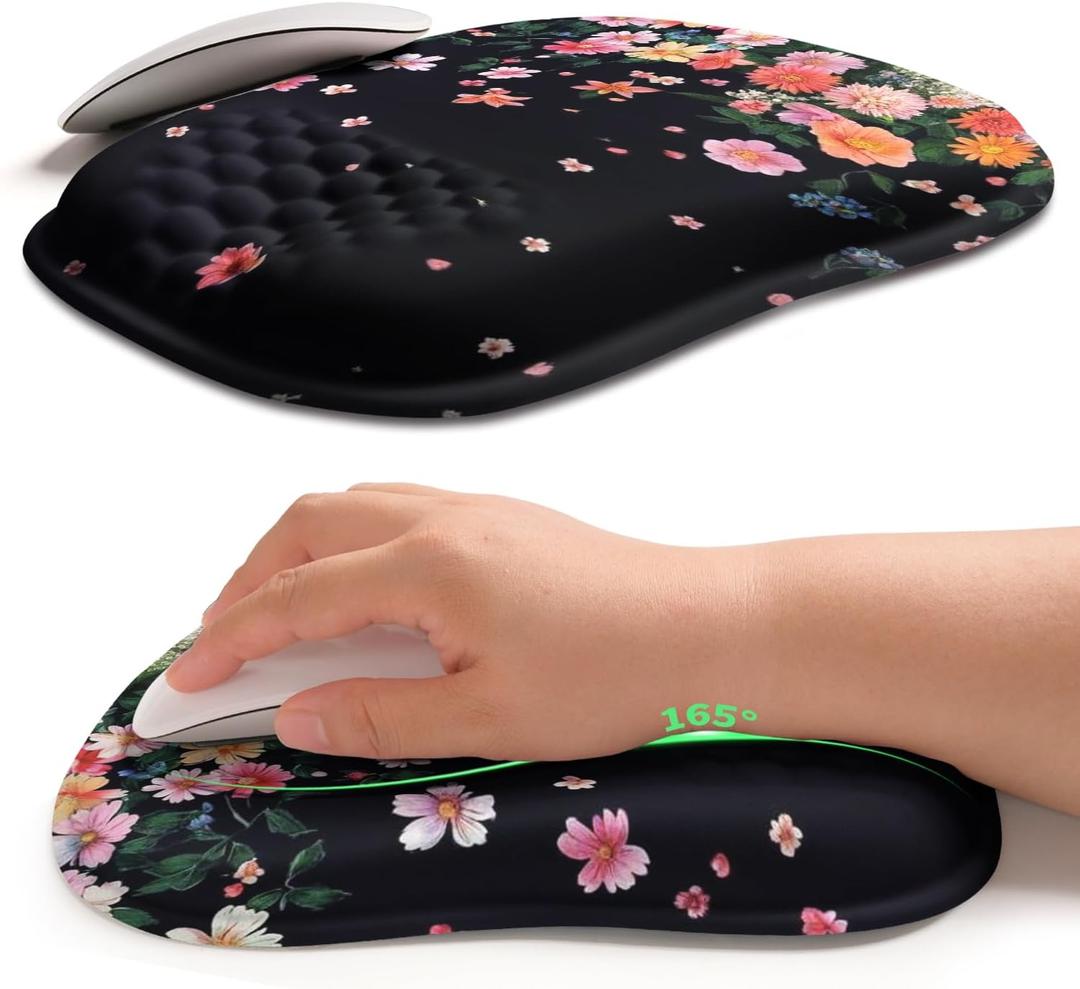 Hokafenle Ergonomic Wrist-Hugging Mouse Pad Wrist Support, U-Shaped Holding Wrist Rest Mousepad for Carpal Tunnel Pain Relief with Cushioned Memory Foam Slope Massage Bulge (10.2x8.3 in,Fall Flower)