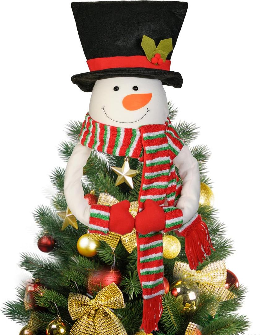 Christmas Tree Topper Snowman Top Hugger for Xmas Tree Holiday Decor Winter Wonderland Decoration New Year Ornament with Hat Shawl and Poseable Arms