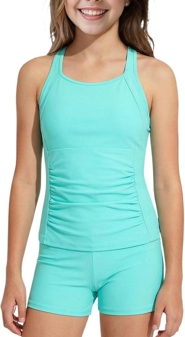 Girls Tankini Swimsuit 2-Piece Bathing Suits Tankini Top with Swim Shorts for Teens 9-16