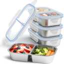 4 Pack Stainless Steel Snack Containers, 2 Compartment Reusable Metal Snack Boxes Containers with Leak-Proof Lids, Compact Lunch Box Food Storage Container