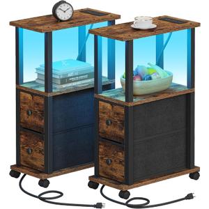 TUTOTAK Small Narrow End Tables, LED Side Tables with 2 Fabric Drawers, Set of 2, Bedside Tables with Charging Station for Small Spaces, Slim Nightstands with USB Ports and Wheels, TB01BB053CL (Brown and Black)