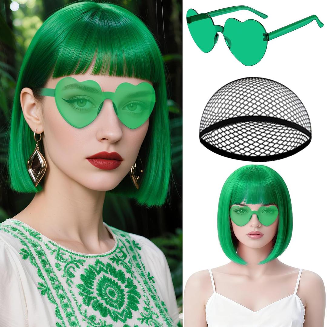 MEEZY Green Short Bob Wigs Straight Hair with Flat Bangs Heart Sunglasses for Women, Colorful Funny Cosplay Party Neon Wig Synthetic Natural As Real Carnival Halloween Costume