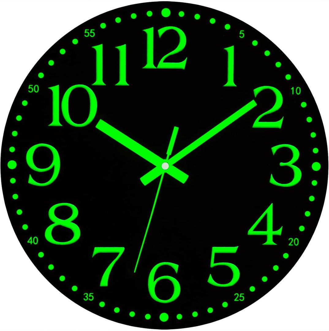 Wall Clock - 12 inch Glow in the Dark Wall Clocks Battery Operated Black Wood Silent Wall Clock Non-Ticking Analog Luminous Clock for Living Room Bedroom Office Kitchen Classroom Bathroom