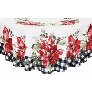 Newbridge Poinsettia Festivity Gingham Bordered Christmas Fabric Tablecloth, Holiday Red Poinsettia & Holly Print, Easy Care Stain Release, 60 x 84 Inch Oval (Multi Color)