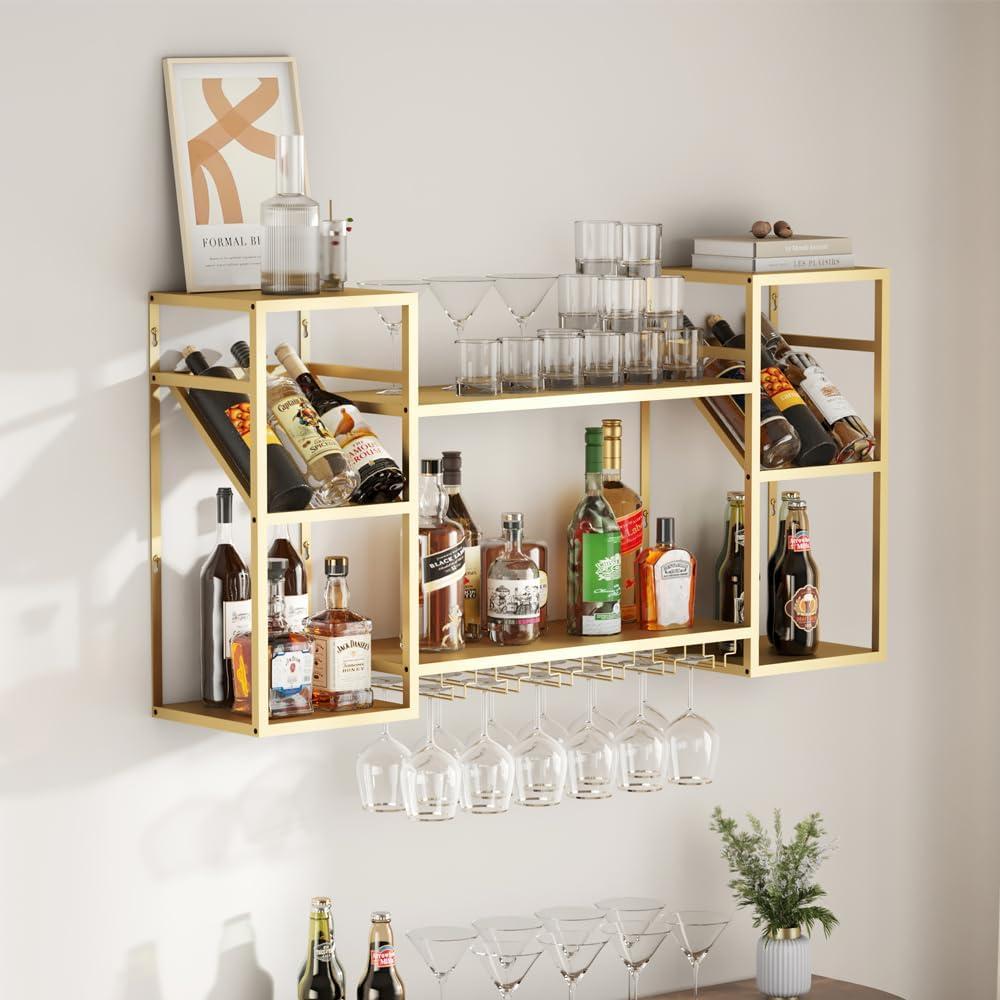 Metal Floating Bar Liquor Shelves 2 Tier, Wall Mounted Wine Rack with Glass Holder Storage, Wall Bar Shelf Wine Display Storage Holder for Kitchen Dining Room Bar (Gold)