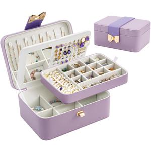 Lolalet 2 Layer Jewelry Box for Teen Girls & Young Women, Jewelry Organizer Case with Bow Clasp and Mirror for Earrings Rings Necklaces Storage, Gift Idea -Purple
