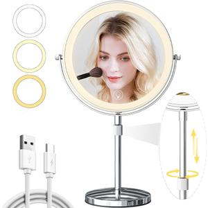 9in Vanity Mirror with Lights, Rechargeable 5000mAh Lighted Makeup Mirror, 1X/20X Double Sided Magnifying Mirror, 360° Rotate, 3 Color Lights, Up to 3800lux with 60 LEDs, Brightness Adjustable,Silvery