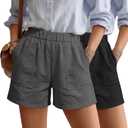 Neer 2 Pack Women's Linen Shorts Elastic Waist Casual Comfy Summer Pull on Beach Shorts with Patch Pocket(Gray, Black,Small)