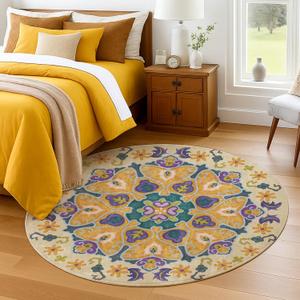 6ft Round Area Rug - Washable Low Pile Circular Rug, Non-Slip Lightweight Indoor Rug for Bedroom, Living Room, Nursery, Office & Dorm | Soft Boho Design for Family, Pet Owners, Renters (round 6ft) (Yellow/Purple/Green)