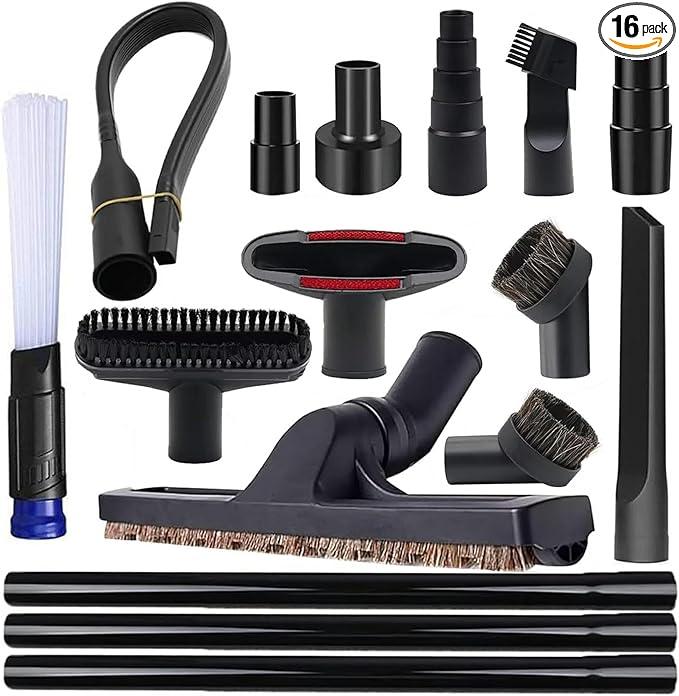 16 Pcs Universal Vacuum Attachments Kit for Shop Vac Accessories with 2 1/2" to 1 1/4" & 1 7/8" to 1" Hose Adapter for Shop Vac, 1 1/4" Shop Vacuum Cleaner Attachments, Household Cleaning Vacuum Kit