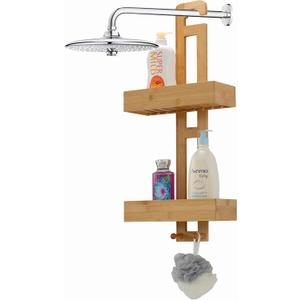 Basicwise Bamboo Shower Hanging Caddy 2-Tier Shelf Organizer with Hook for Shampoo Conditioner Body Wash Soap Loofah & Accessories Natural Wood Rack for Bathroom Storage Organization & Spa Décor