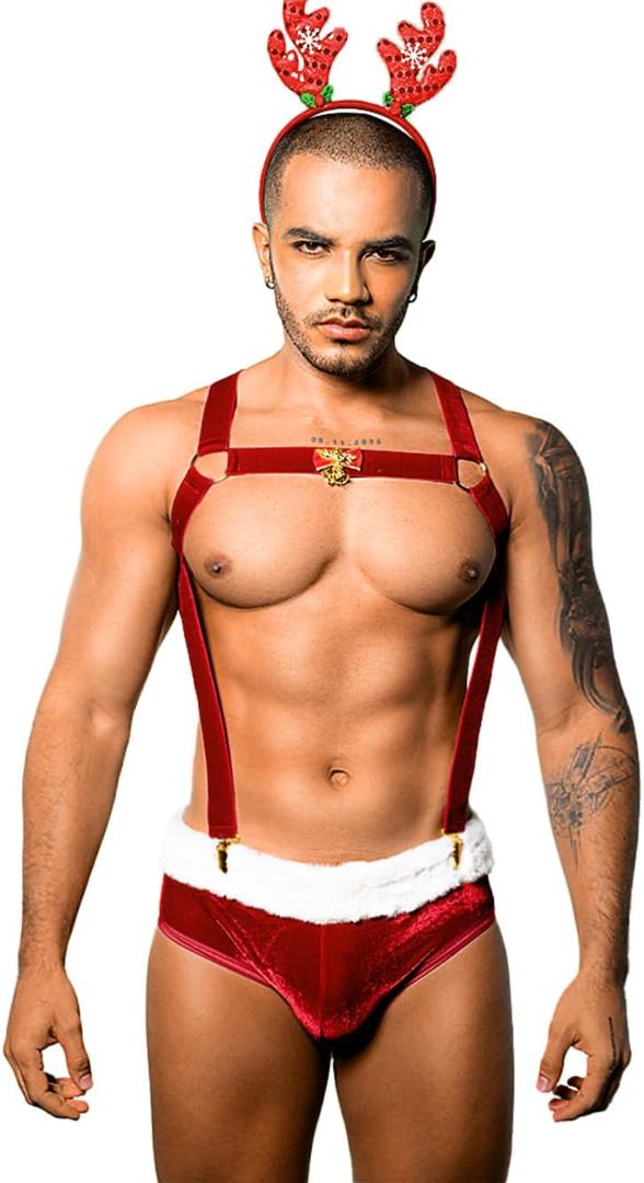 3 Piece Christmas Lingerie Set, Sexy Santa Claus Costume For Men, Xmas Boxers Outfits Velvet Underwear