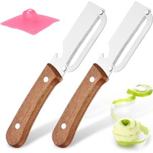2Packs Premium Vegetable Peeler with Wooden Handle and Bottle Opener Stainless Steel Blade Kitchen Tool for Fruit A pple Potato Pumpkin Papaya Zucchini, With Fruit/Vegetable Brush