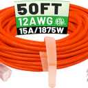 50 ft 12/3 Outdoor Extension Cord Waterproof Heavy Duty with Lighted Indicator End 12 Gauge 3 Prong, Flexible Cold-Resistant Long Power Cord Outside, 15Amp 1875W SJTW Orange ETL Listed