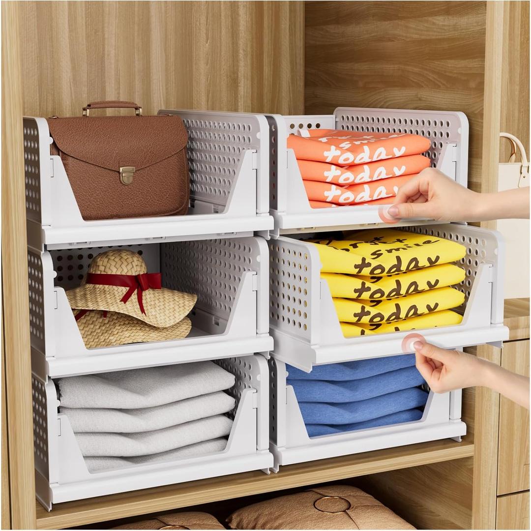 5 Pack Folding Closet Organizers Storage Box, Stackable Storage Bins, Plastic Drawer Basket Closet Storage for Wardrobe Cupboard Kitchen Bathroom Office White-5L (5 PACK-L)