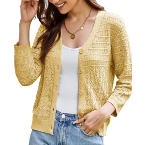 GRACE KARIN 2025 Women's 3/4 Sleeve Crochet Knit Button Down Cardigan Cropped Shrug Bolero Lightweight Sweaters Tops Size XL