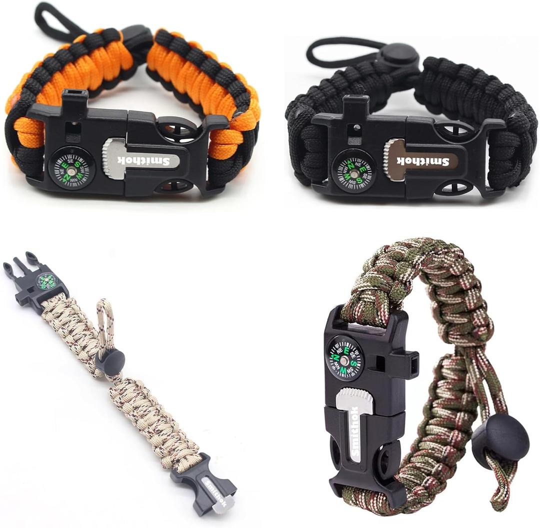 Paracord Survival Bracelet-Length Adjustable,Loud Whistle Emergency Compass Survival Fire Starter Scraper Accessories for Hiking and Camping and Hunting 4-Pack(Muti-Color)