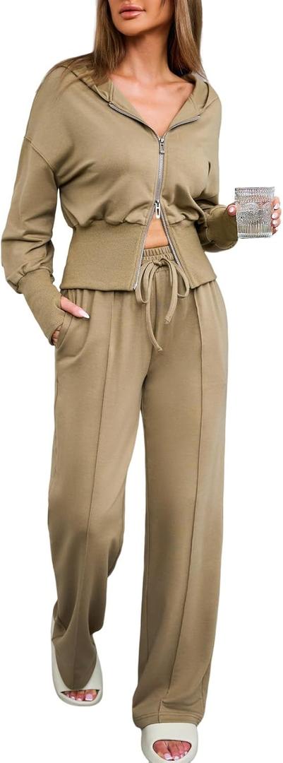 Herseas 2 Piece Activewear Sets for Women Y2K Hoodie Crop Top Long Sleeve Zip Up with Jogging Pants 2024 Matching Suit Going Out Sets Beige X-Large 16 18, Khaki