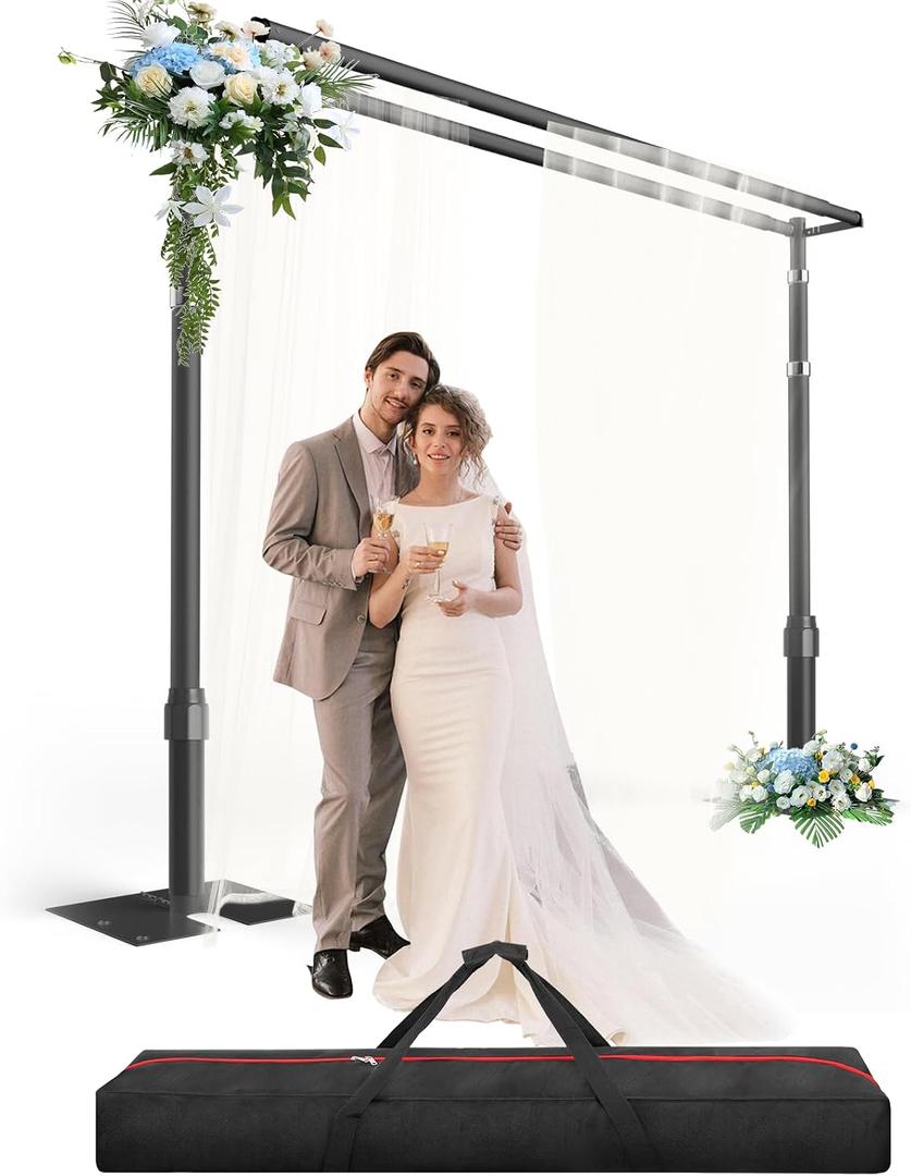 Heavy Duty Backdrop Stand - 10x10ft, Double Crossbar Pipe and Drape Kit, Adjustable Metal Frame for Wedding & Birthday Party Decorations - Black