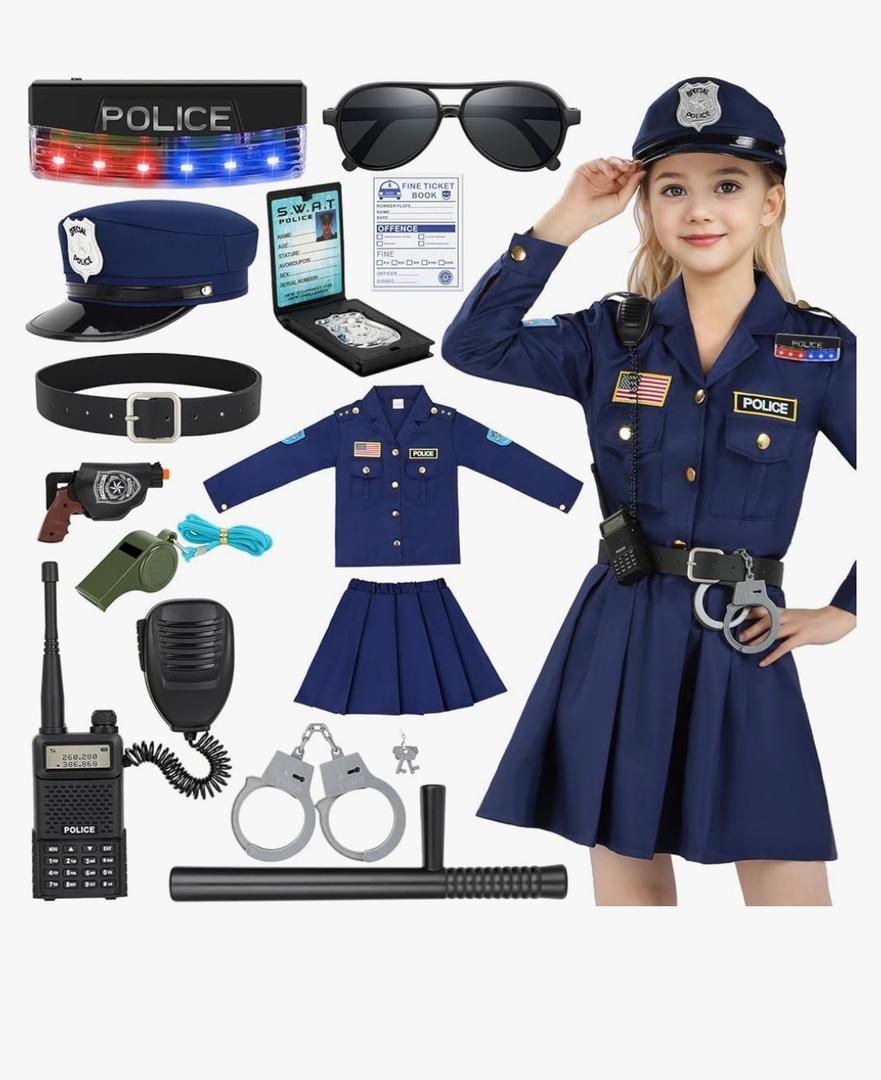 Luucio Police Officer Costume for Girls, Police Costume for Kids with Cop Gear Uniform, Halloween Costumes for Girls Medium