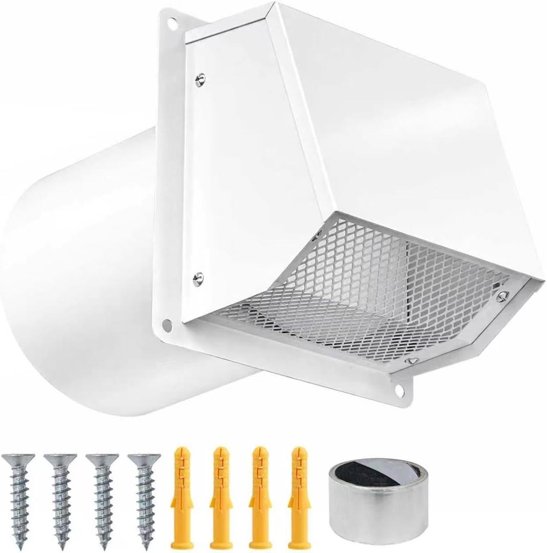 6 Inch Dryer Vent Cover Outside, Galvanized Steel Exterior Hooded Wall Vent Cover with Removable Screen & Cushioned Backdraft Flap, Exhaust Vent for House Through-Wall Dryer Vent Kit (White - 6 Inch)