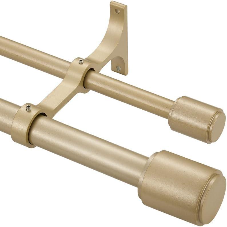 Double Curtain Rods Light Gold, Double Drapery Rod 36-72 Inch, Double Curtain Rods with Cap Finials, Adjustable 1 Inch Front and 5/8 Inch Back Dual Curtain Rod, Light Gold Double Window Rods