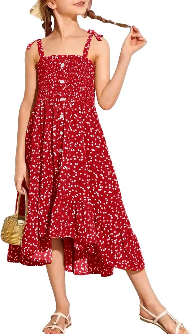 Rolmama Girls Summer Dress Kids Sleeveless Tie Strap Boho Beach Midi Dress Smocked Ruffle Flowy Sundresses Red Size 160