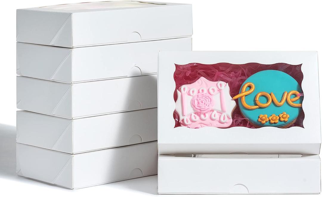 RomanticBaking 50 Pack White Cookies Boxes 7 x 4 3/8 x 1 1/2inches Auto-Popup Sturdy Bakery Boxes with Window,Macaron Boxes Hot Chocolate Bombs Boxes Cakesicle Boxes