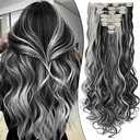 Fanguilar Clip in Hair Extensions 24 Inch 8PCS Natural Black Mix Silver Grey Long Wavy Synthetic Hair Extensions Clip ins Thick Double Weft Extensions for Women