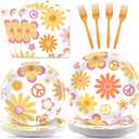 96 Pcs Groovy Party Supplies for 24 Guests Retro Hippie Boho Tableware Plates Napkins Daisy Flower Birthday Dinnerware Table Decorations Retro Hippie Daisy Party Favor for Kitchen Dinning Home Decor