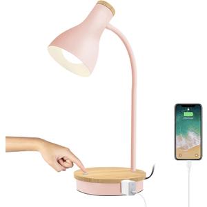 Metal Desk Lamp Wireless Charging Table Lamp Touch Reading Lights Arc Desk Lamps for Bedroom, 3 Way Dimmable Bedside Lamp with USB Charging Ports Lamp for Study Room and Office (Touch-Pink)