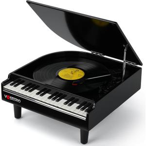 Bluetooth Record Player with Built-in Speakers, Modern 3-Speed Turntable, USB Playback and Vinyl to MP3 Recording, Vinyl Player in Piano Design- Black