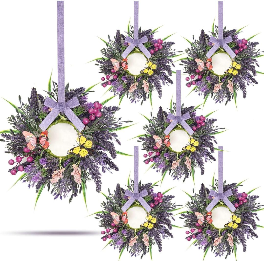 6 Pcs Lavender Wreaths for Front Door Mini Artificial Floral Kitchen Cabinet Swags Spring Summer Candle Rings Wreath with Lavender Berries Butterflies for Year-Round Use Farmhouse Home Decorations (Purple)