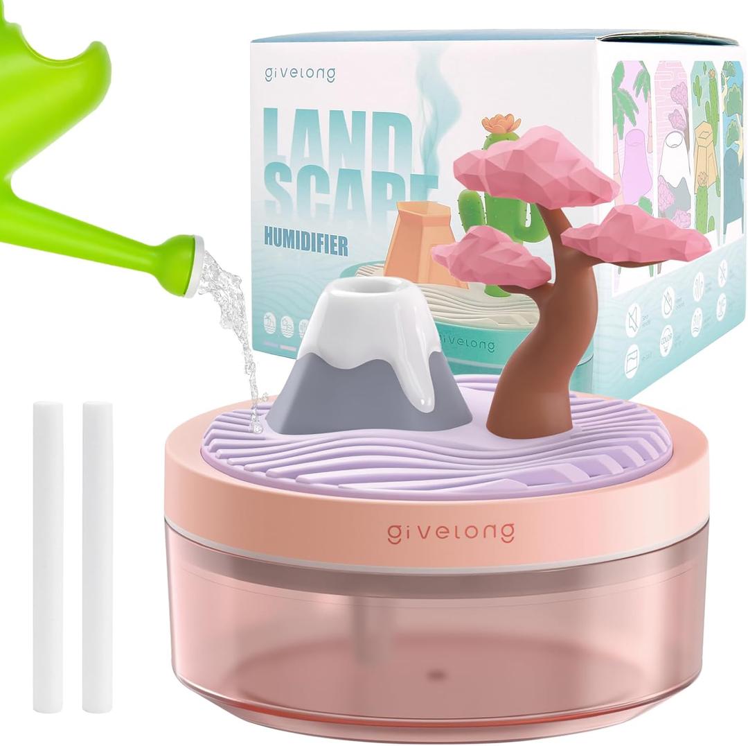 Mini Portable Desktop Humidifiers for Bedroom,Small Humidifier with Cherry Tree,Quiet,Cool Mist, Auto Off,7 Colors Night Light,320ml Air Humidifier Home Office Travel(PINK) (PINK)