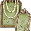 Wonderjune 2 Pcs Gold Jewelry Display Stand Vintage Necklace Organizer Ring Holder Earring Tray Resin Jewelry Photography Props Frame with Velvet Backing for Gifts(Green,Large,Small,Elegant)