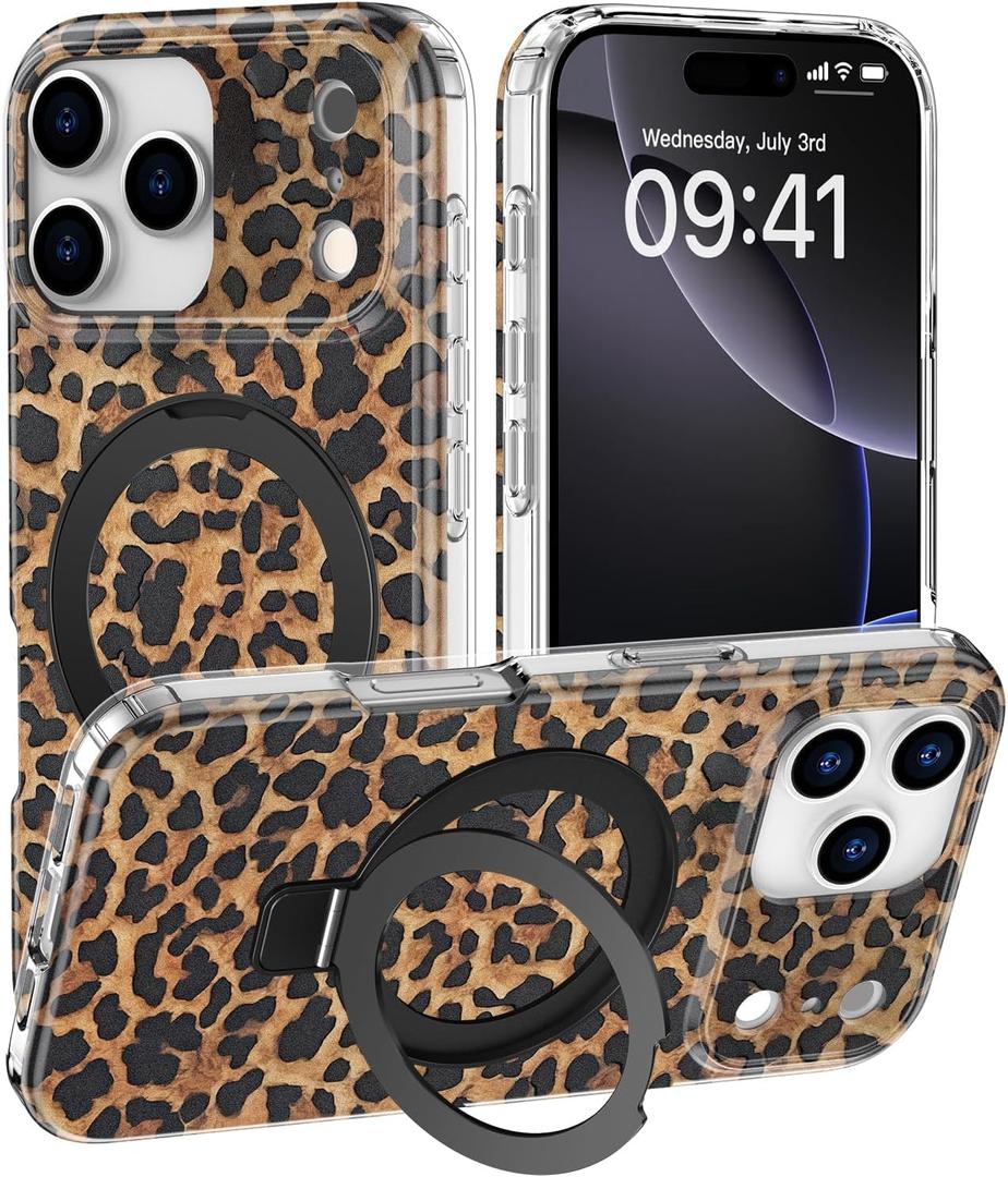 DEENAKIN for iPhone 17 Pro Case - Wireless Charging Compatible - Integrated Multi-Functional Kickstand - Protective Phone Case with Trendy Cute Designs for Women - Brown Leopard -Print