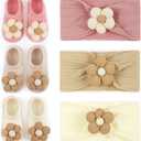 Baby Flower Headband and Socks: Cute Headband and Socks Sets for Toddler Newborn Infant Girl (1 Count (Pack of 6), 3 sets Pink/Khaki/Beige)