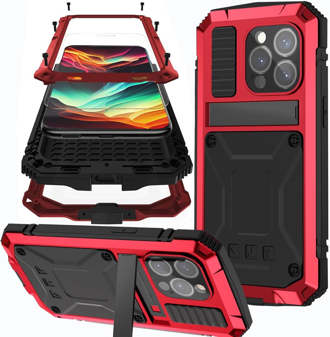 NINKI Metal Case Compatible with iPhone 15 Pro, Military Rugged Shockproof Dustproof Case with Screen Protector, Kickstand, Red