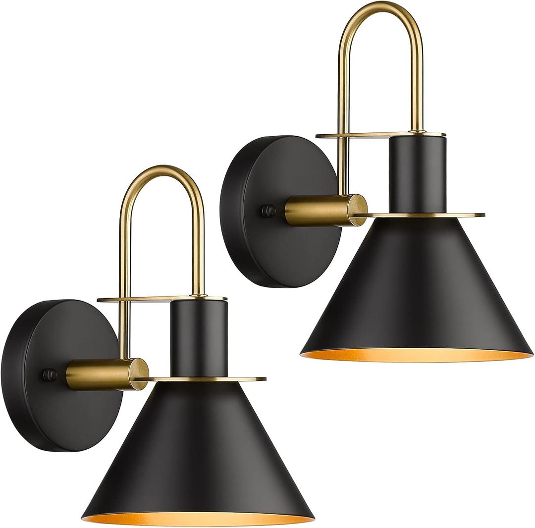 Wall Sconces Set of Two, HWH Modern Sconce Wall Lighting, 1-Light Black Barn Vanity Light, Industrial Wall Lamp for Bedroom Kitchen Bathroom, Black and Gold Finish, 5HZG56B-2L BK+BG (Large)