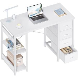 ODK 40 Inch Small White Computer Desk with 4 Fabric Drawers, Modern Office Desk for Home Office Gaming with Storage Shelves Study, White ODK 40 Inch Small White Computer Desk with 4 Fabric Drawers, Modern Office Desk for Home Office Gaming with Storage Shelves Study, White