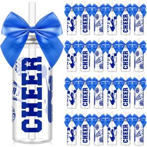 24 Pcs Blue Cheerleader Gift Bulk for Team Cheer Cups 14 Oz Bow Water Bottle Plastic Cheer Tumblers with Lid and Straw for Cheerleader Sport Party Favor Gift