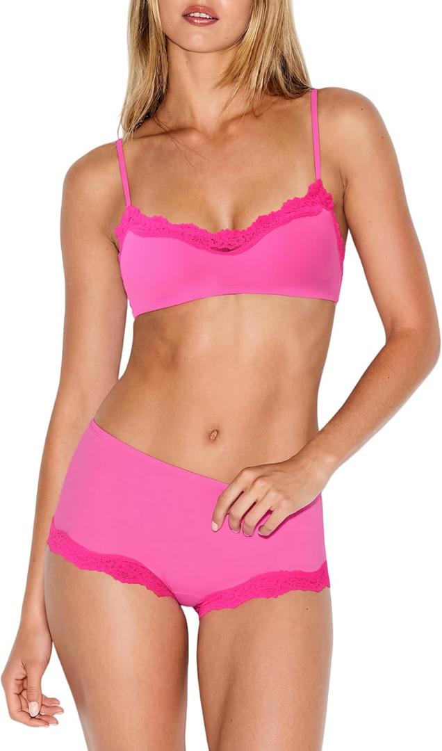 Starrylion Women 2 Piece Lace Lingerie Set Pullover Removable Padded Bralette Sexy Boyshort Panties PJ Set (Hot Pink) XS