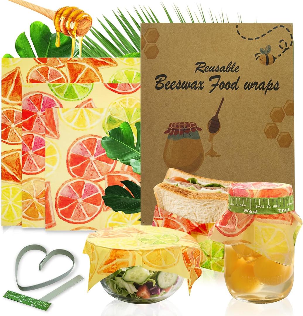 3-Pack Reusable Beeswax Food Wraps with Elastic Bands, Sustainable Bowl Covers for Bread Proofing & Food Storage, Eco-Friendly Sandwich & Cheese Wraps, Assorted Sizes (S, M, L), Standard