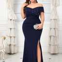 Plus Size Off The Shoulder Mermaid Maxi Dress Rhinestone Ruched Slit Formal Evening Gown Wedding Guest Cocktail (Blue, XL)